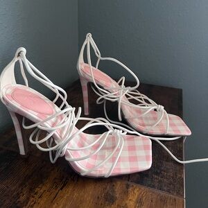 JustFab Pink Gingham Lace-Up High Heel Sandals